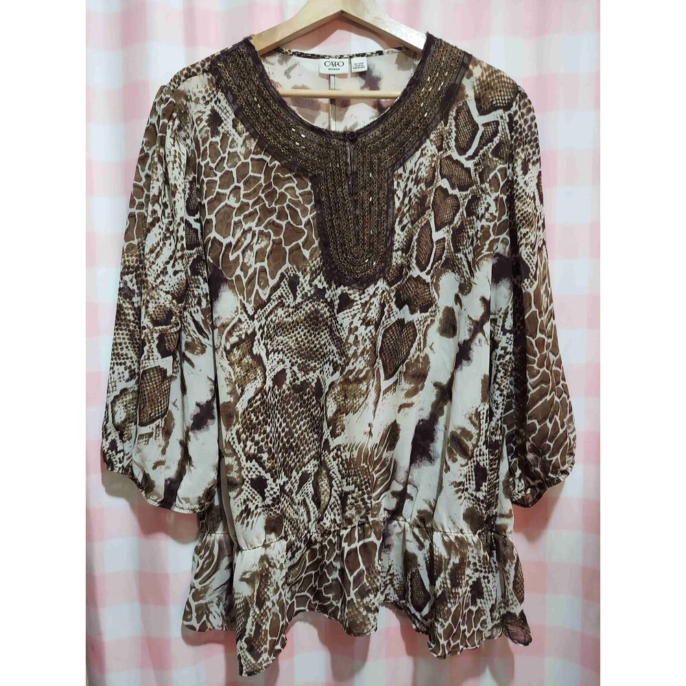 Cato Woman Brown Animal Print Long Sleeve Embroidered Boho Blouse 18/20W